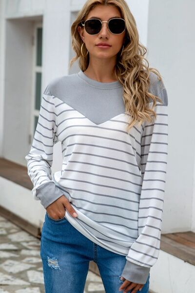 Striped Round Neck Long Sleeve T-Shirt
Features: Basic style
Sheer: Opaque
Stretch: Slightly stretchy
Material composition: 35% polyester, 65% cotton
Care instructions: Machine wash cold. Tumble dry low.TopsDalilly Designs BoutiqueStriped Round Neck Long Sleeve