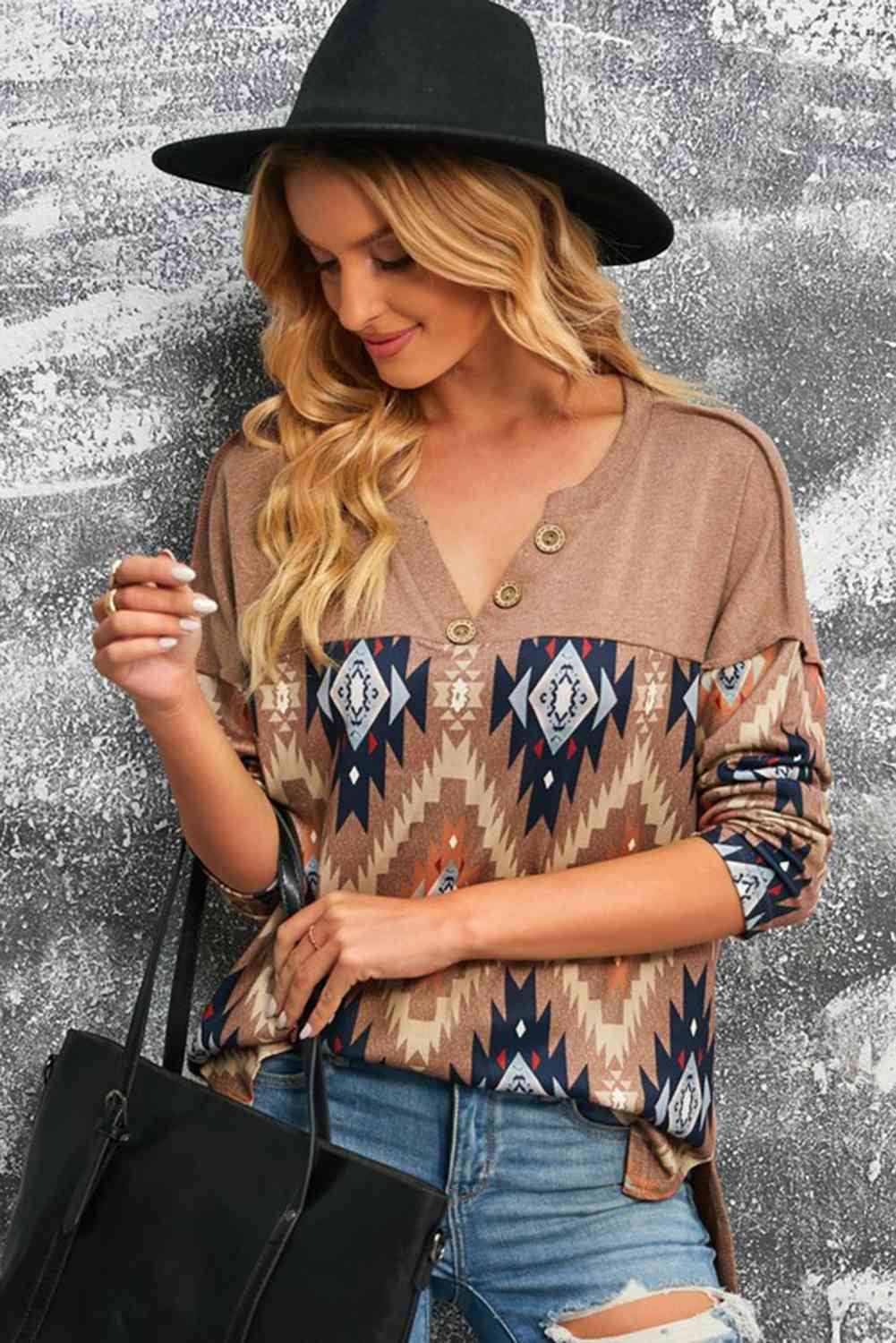 Brown Western Print Buttoned V Neck Top
Features: Basic style
Sheer: Opaque
Stretch: Slightly stretchy
Material composition: 95% polyester, 5% spandex
Care instructions: Machine wash cold. Tumble dry low.TopsDalilly Designs BoutiqueBrown Western Print Buttoned