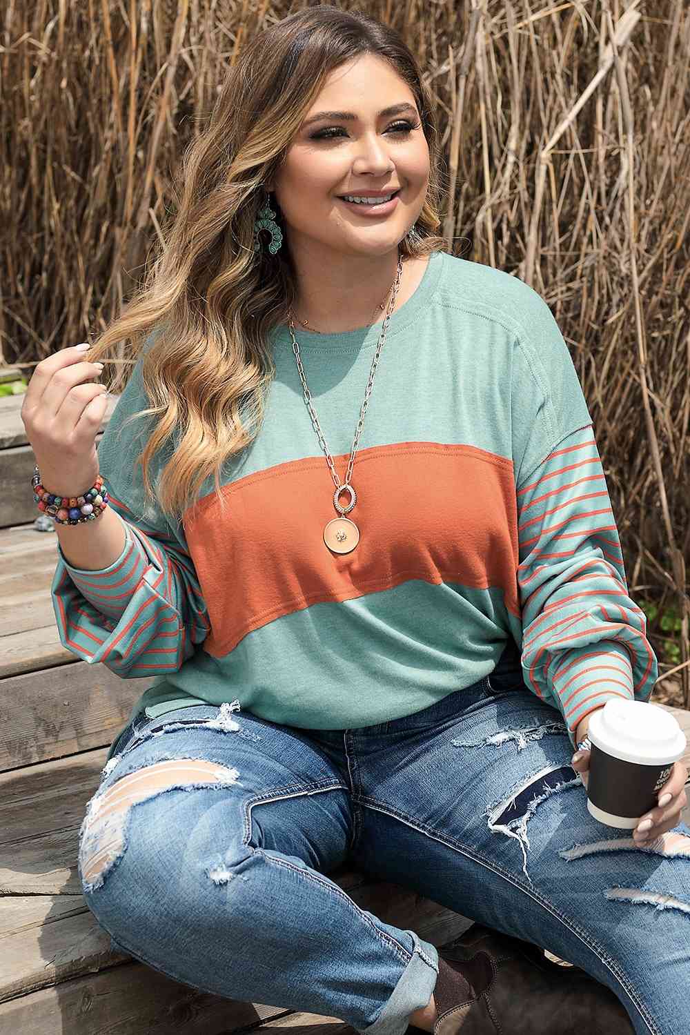 Plus Size Color Block Dropped Shoulder T-Shirt
Features: Basic style
Sheer: Opaque
Stretch: Slightly stretchy
Material composition: 60% cotton, 35% viscose, 5% elastane
Care instructions: Machine wash cold. TumbPlus SizeDalilly Designs BoutiqueSize Color Block Dropped Shoulder