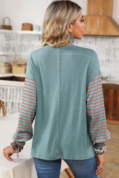 Striped Round Neck Lantern Sleeve Sweatshirt
Features: Basic style
Sheer: Opaque
Stretch: Slightly stretchy
Material composition: 95% polyester, 5% elastane
Care instructions: Machine wash cold. Tumble dry lowTopsDalilly Designs BoutiqueStriped Round Neck Lantern Sleeve Sweatshirt