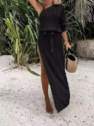 Slit Openwork Single Shoulder Knit Dress
Features: Cutout, Openwork
Sheer: Opaque
Stretch: No stretch
Body: Not lined
Material composition: 100% polyester
Care instructions: Machine wash cold. Tumble dry lDalilly Designs BoutiqueSlit Openwork Single Shoulder Knit Dress