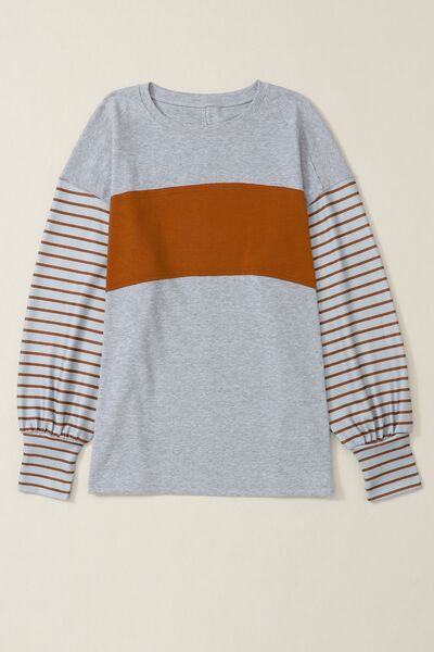 Striped Round Neck Lantern Sleeve Sweatshirt
Features: Basic style
Sheer: Opaque
Stretch: Slightly stretchy
Material composition: 95% polyester, 5% elastane
Care instructions: Machine wash cold. Tumble dry lowTopsDalilly Designs BoutiqueStriped Round Neck Lantern Sleeve Sweatshirt