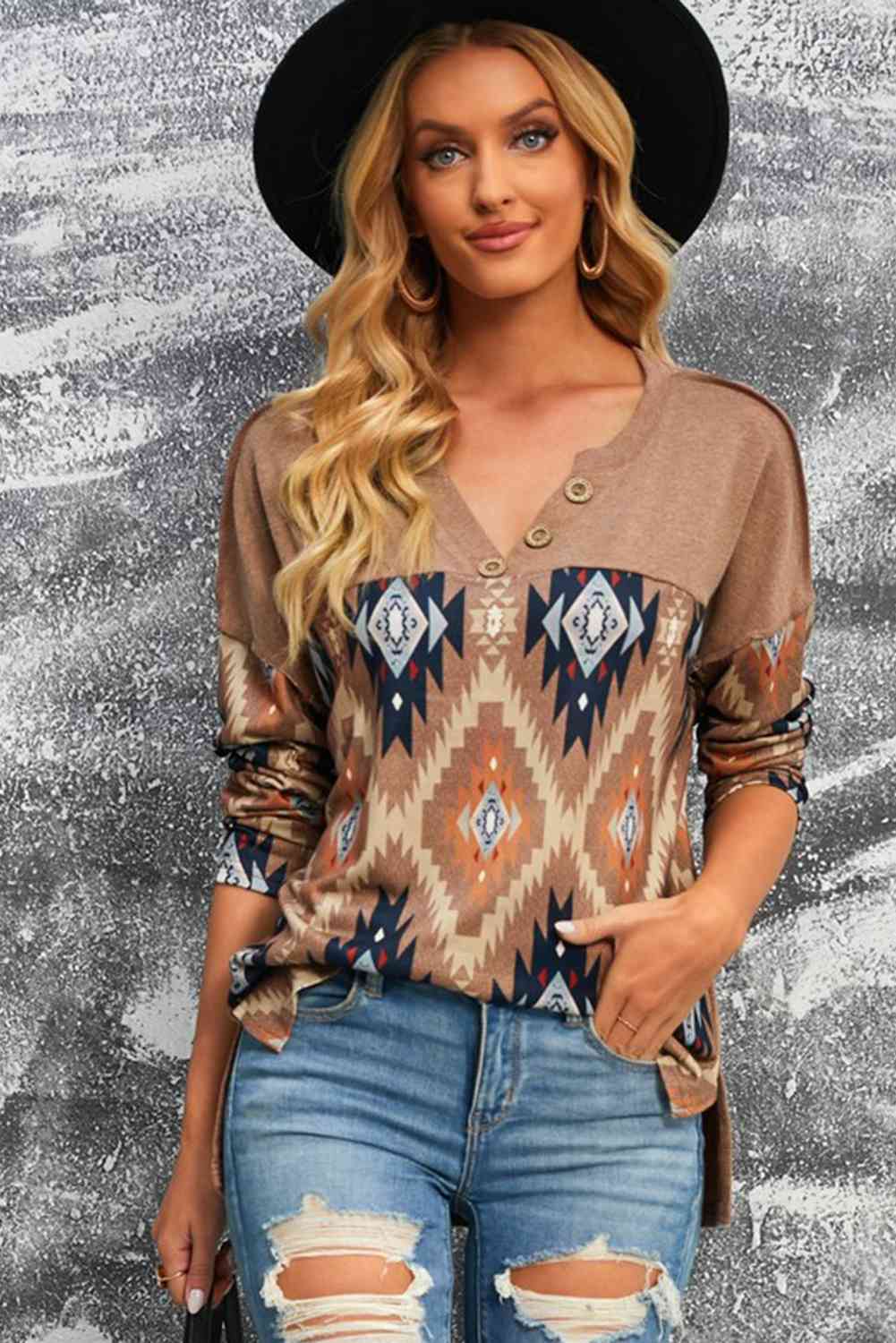 Brown Western Print Buttoned V Neck Top
Features: Basic style
Sheer: Opaque
Stretch: Slightly stretchy
Material composition: 95% polyester, 5% spandex
Care instructions: Machine wash cold. Tumble dry low.TopsDalilly Designs BoutiqueBrown Western Print Buttoned