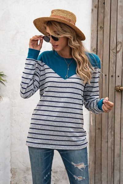 Striped Round Neck Long Sleeve T-Shirt
Features: Basic style
Sheer: Opaque
Stretch: Slightly stretchy
Material composition: 35% polyester, 65% cotton
Care instructions: Machine wash cold. Tumble dry low.TopsDalilly Designs BoutiqueStriped Round Neck Long Sleeve