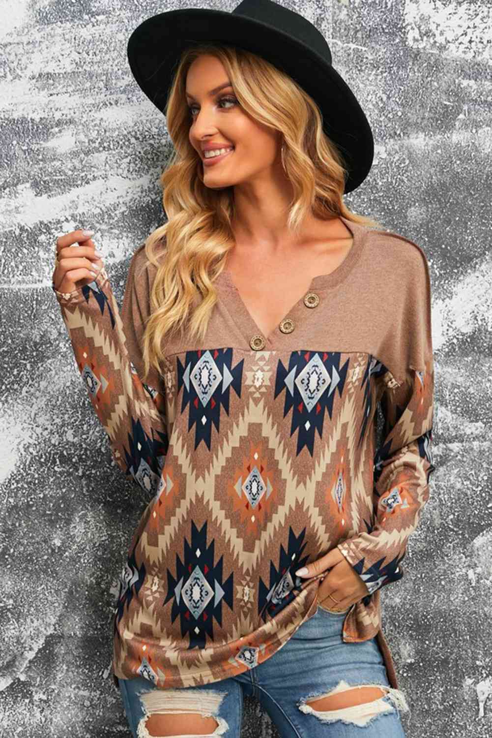 Brown Western Print Buttoned V Neck Top
Features: Basic style
Sheer: Opaque
Stretch: Slightly stretchy
Material composition: 95% polyester, 5% spandex
Care instructions: Machine wash cold. Tumble dry low.TopsDalilly Designs BoutiqueBrown Western Print Buttoned