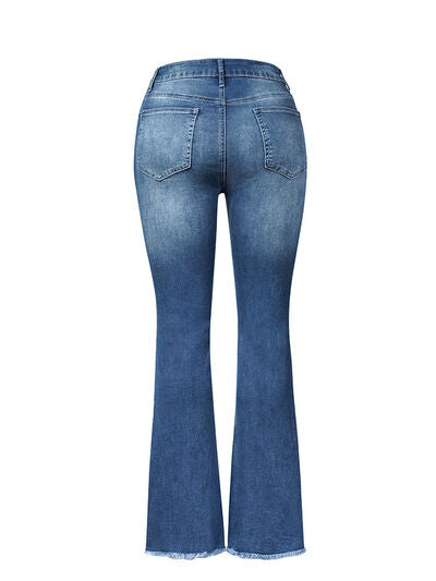 Distressed Raw Hem Bootcut Jeans
Features: Distressed, Raw hem
Stretch: Slightly stretchy
Material composition: 73% cotton, 14% rayon, 11% poivester, 2% spandex
Care instructions: Machine wash coldDalilly Designs BoutiqueDistressed Raw Hem Bootcut Jeans