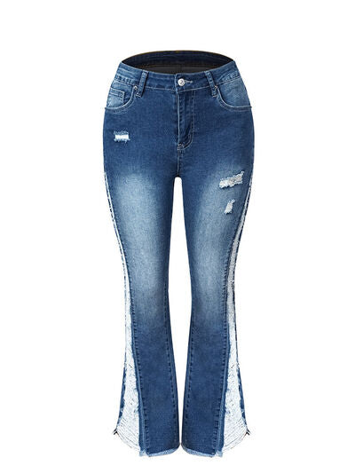 Distressed Raw Hem Bootcut Jeans
Features: Distressed, Raw hem
Stretch: Slightly stretchy
Material composition: 73% cotton, 14% rayon, 11% poivester, 2% spandex
Care instructions: Machine wash coldDalilly Designs BoutiqueDistressed Raw Hem Bootcut Jeans