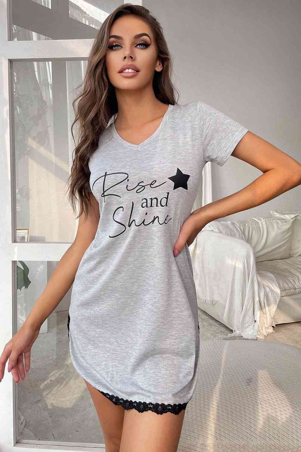 RISE AND SHINE Contrast Lace V-Neck T-Shirt Dress
Sizing category: Regular
Picture style: Studio
Pattern type: Graphic
Style: Modest, minimalist
Features: Lace
Neckline: V-neck
Sleeve Length: Short sleeves
MaterialLoungewearDalilly Designs BoutiqueSHINE Contrast Lace