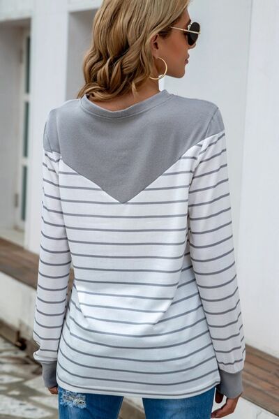 Striped Round Neck Long Sleeve T-Shirt
Features: Basic style
Sheer: Opaque
Stretch: Slightly stretchy
Material composition: 35% polyester, 65% cotton
Care instructions: Machine wash cold. Tumble dry low.TopsDalilly Designs BoutiqueStriped Round Neck Long Sleeve